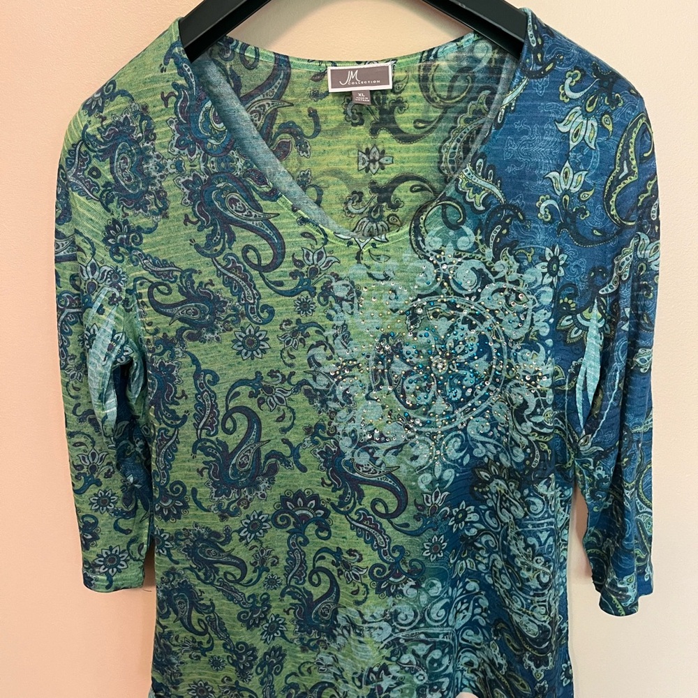 JM Collection Blue and Green Paisley shirt with metal studs